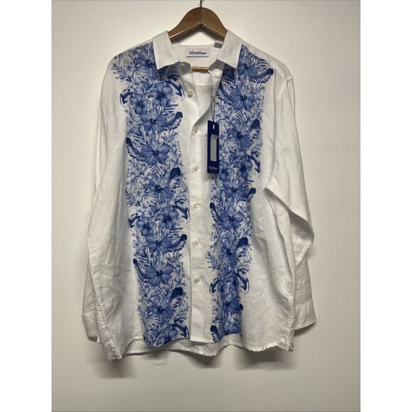 Caribbean‎ Shirt Men's XL Hawaiian White And Blue Linen - Picture 1 of 5